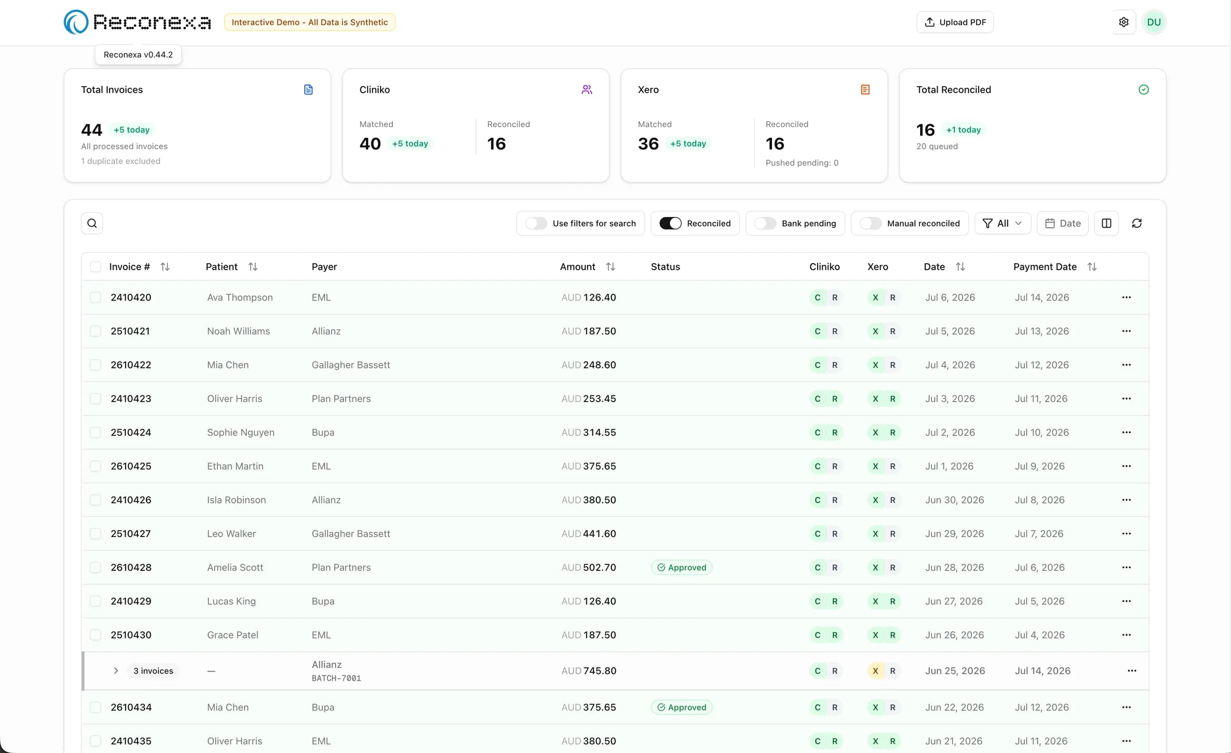Synthetic Reconexa work queue showing mixed review states and an expanded Batch Payment.